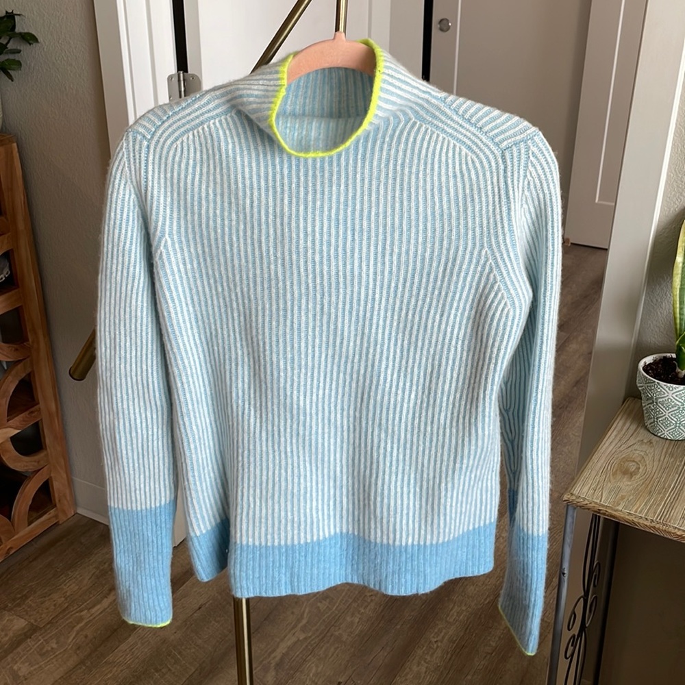 Women’s KINROSS Moonstone Funnel Neck Sweater with Neon Green Detail in Cashmere